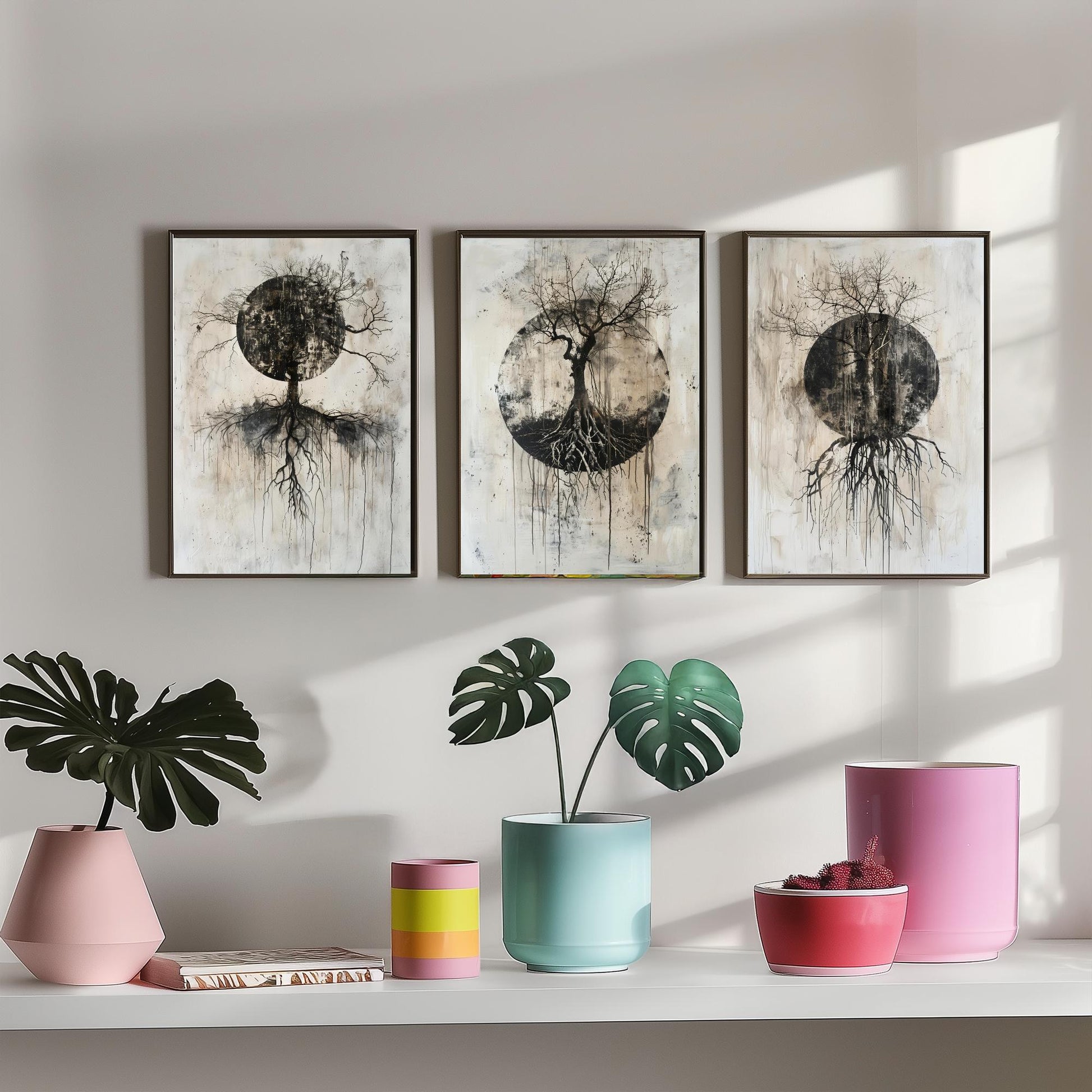 Spooky Black Circle Tree Roots Set of Three Art Prints Poster Illustration Beige