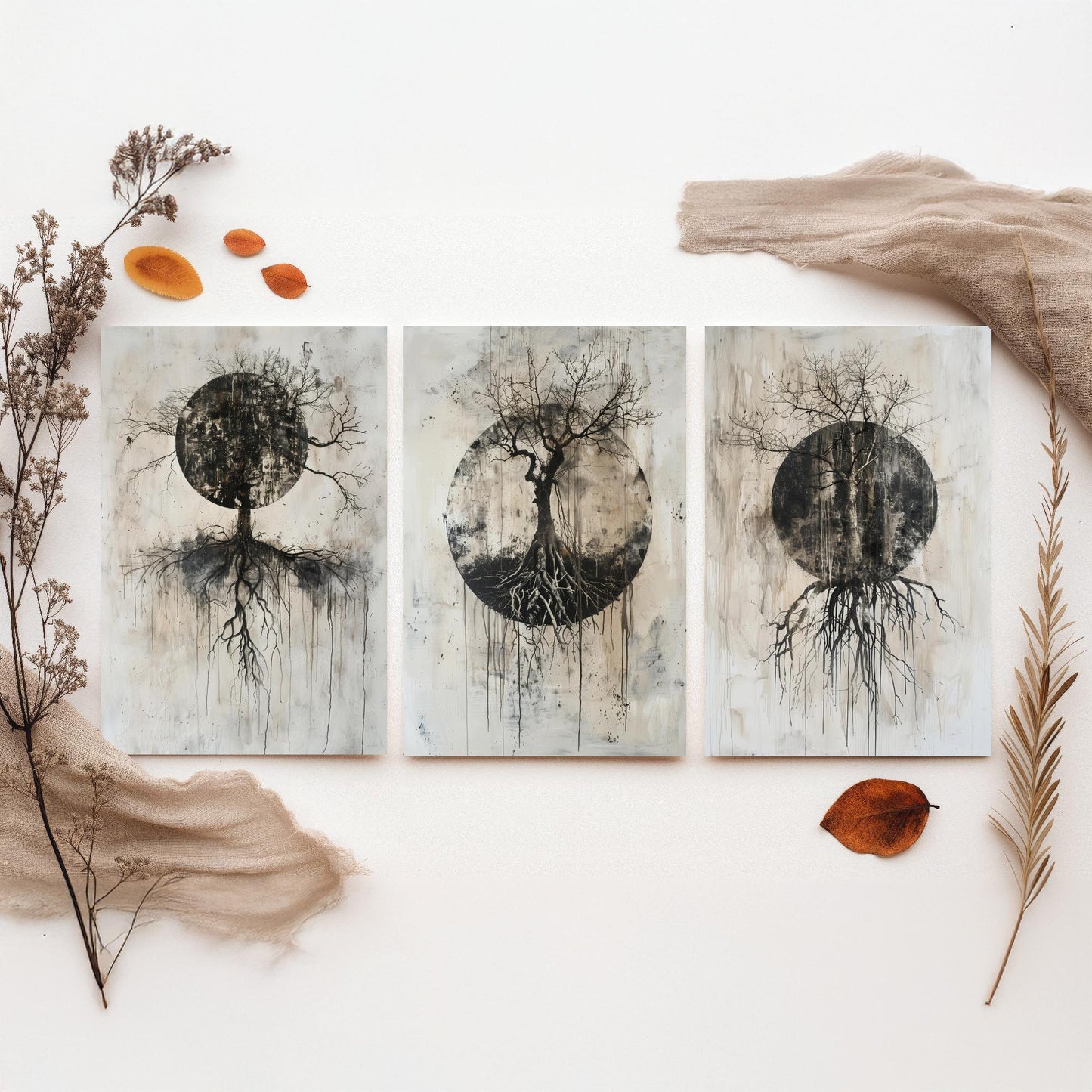 Spooky Black Circle Tree Roots Set of Three Art Prints Poster Illustration Beige