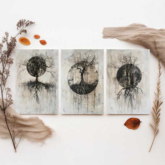 Spooky Black Circle Tree Roots Set of Three Art Prints Poster Illustration Beige