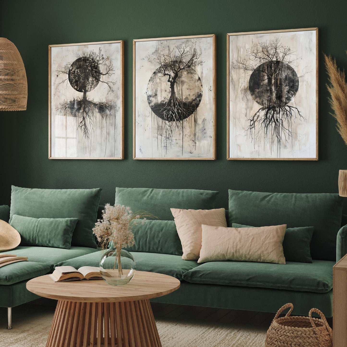 Spooky Black Circle Tree Roots Set of Three Art Prints Poster Illustration Beige