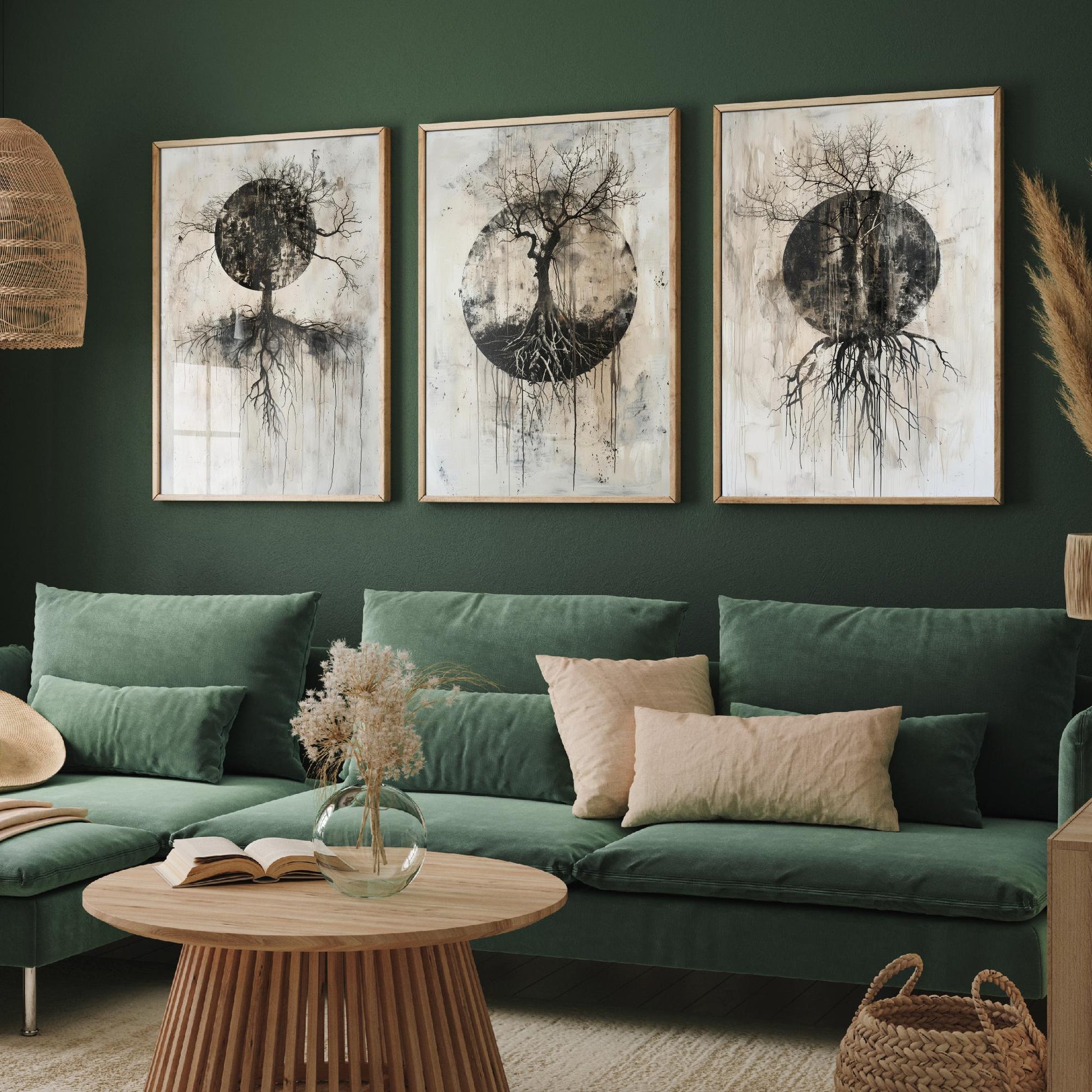 Spooky Black Circle Tree Roots Set of Three Art Prints Poster Illustration Beige