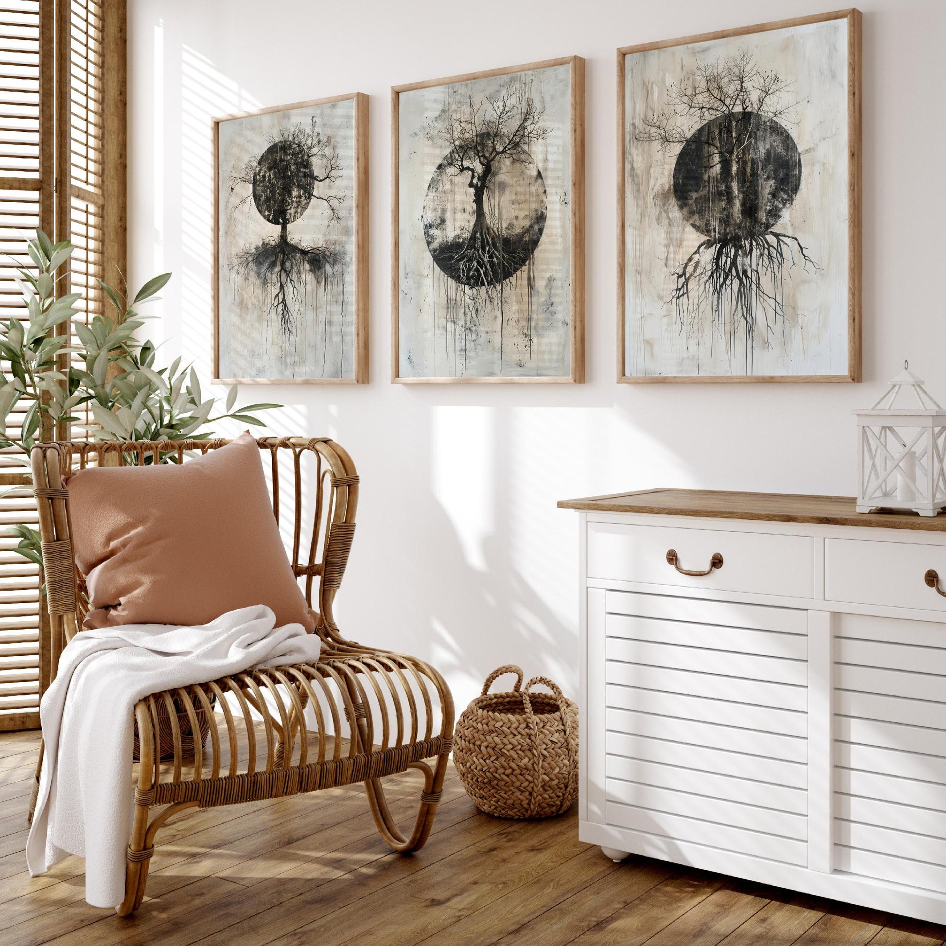 Spooky Black Circle Tree Roots Set of Three Art Prints Poster Illustration Beige