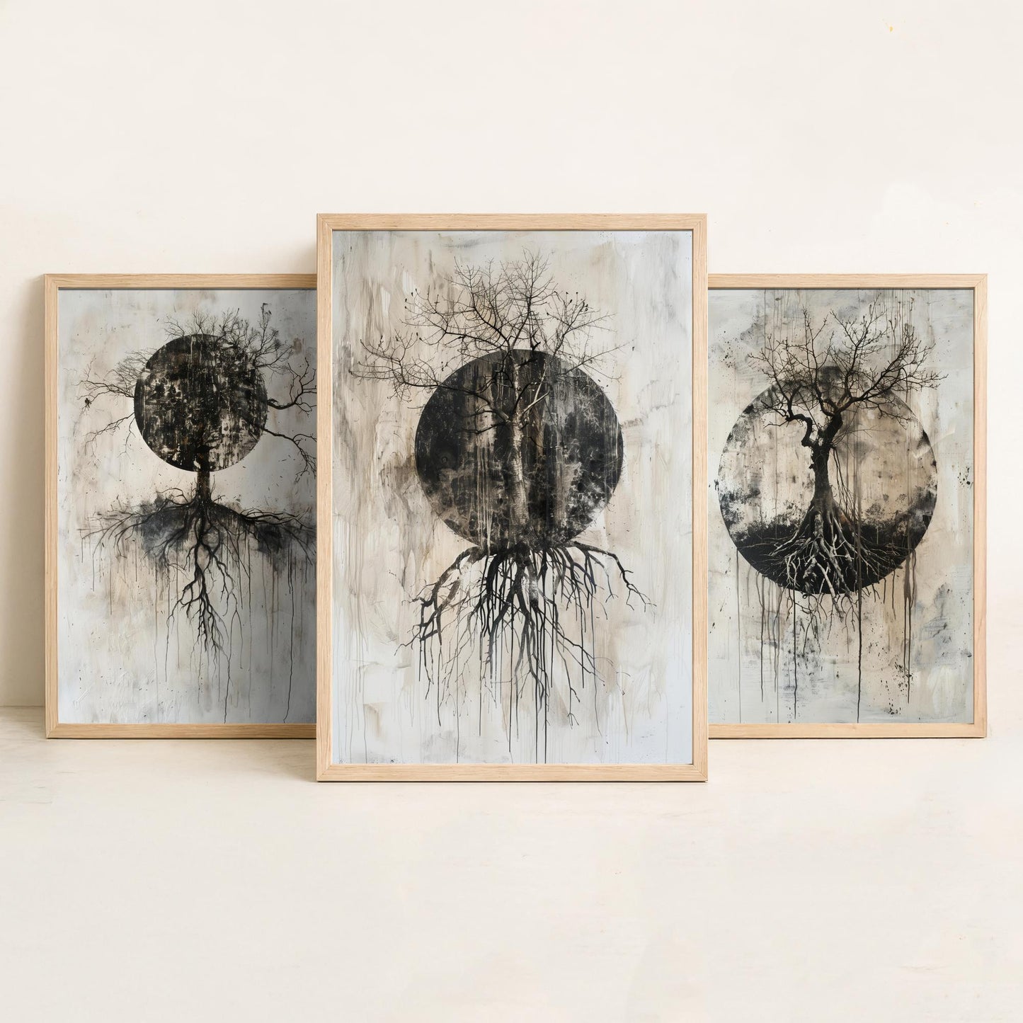 Spooky Black Circle Tree Roots Set of Three Art Prints Poster Illustration Beige