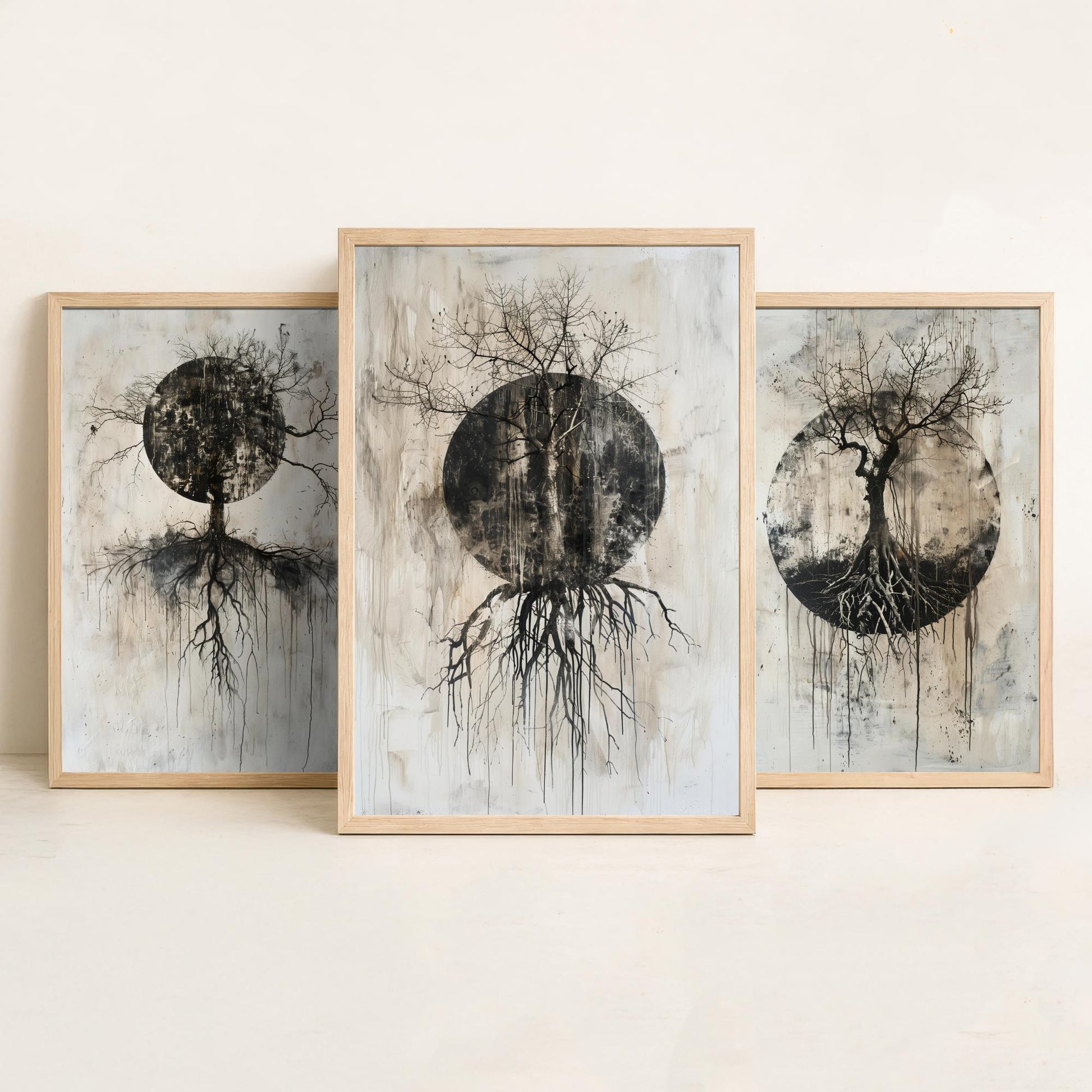 Spooky Black Circle Tree Roots Set of Three Art Prints Poster Illustration Beige