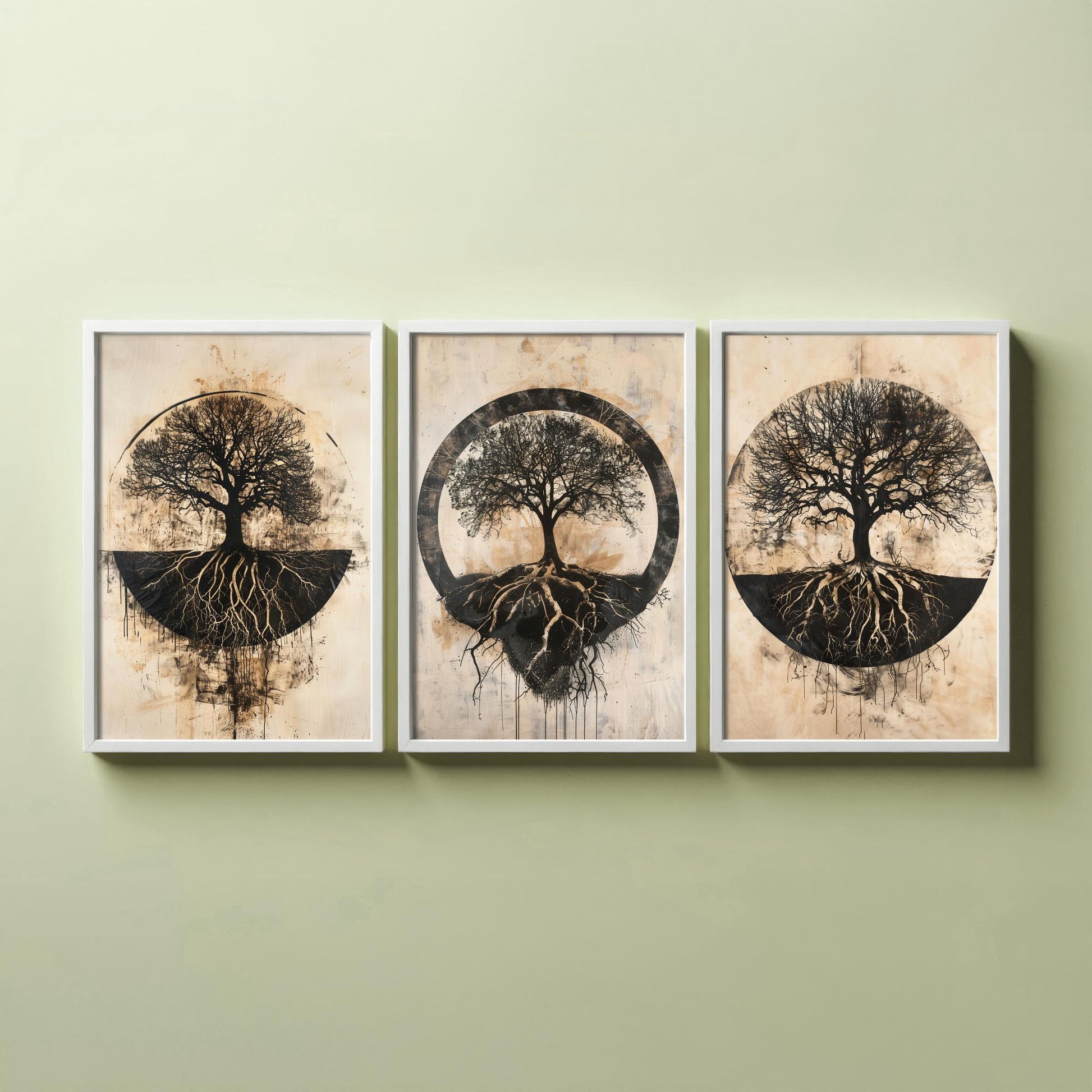 Sepia Silhouette Tree and Roots Circle Set of Three Art Prints Poster Illustration
