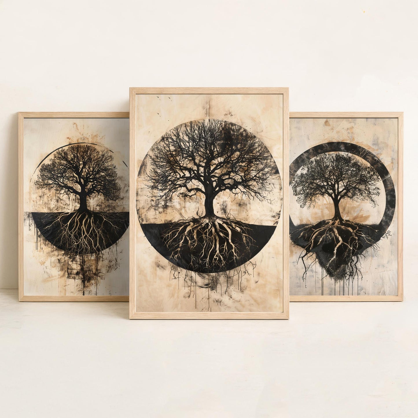 Sepia Silhouette Tree and Roots Circle Set of Three Art Prints Poster Illustration