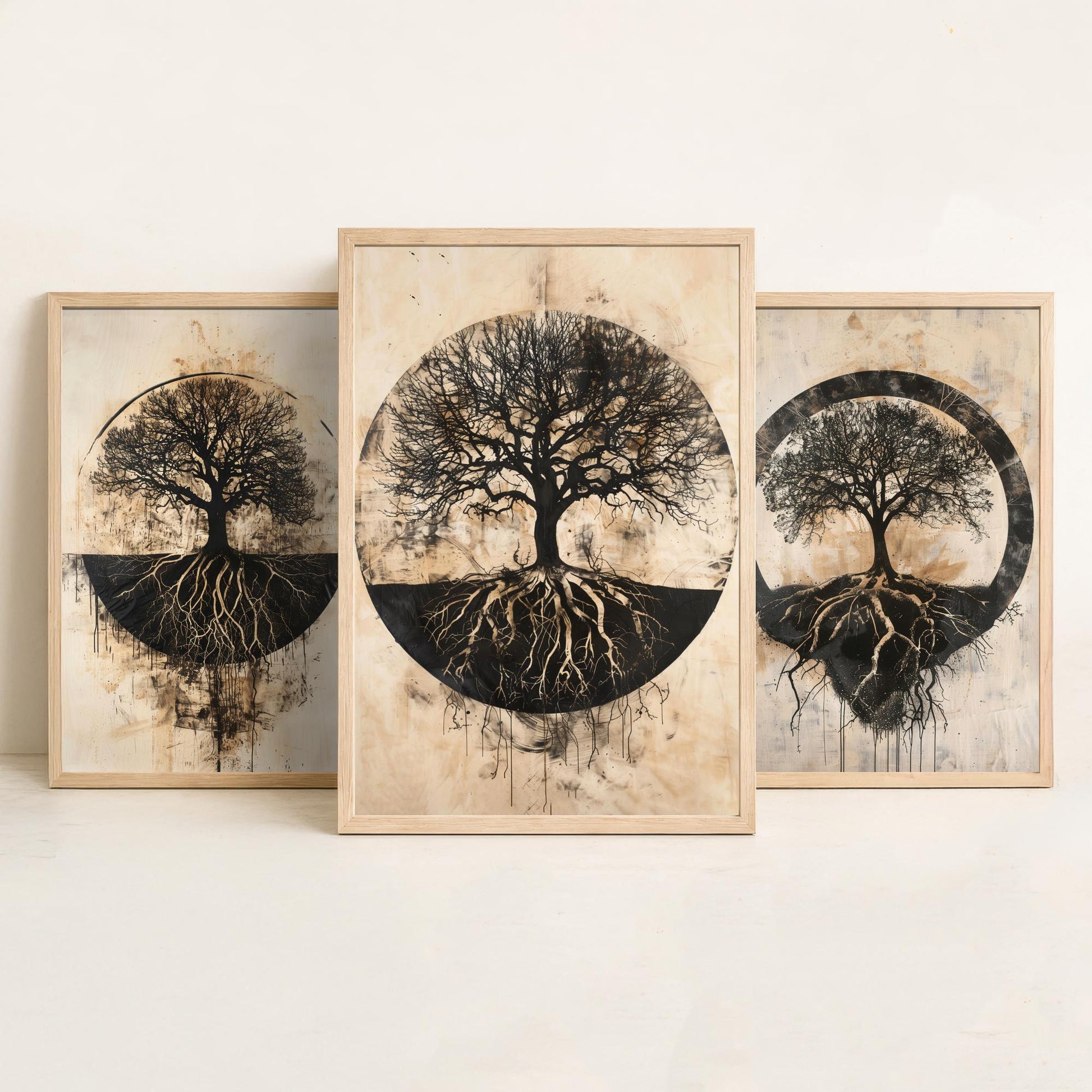 Sepia Silhouette Tree and Roots Circle Set of Three Art Prints Poster Illustration