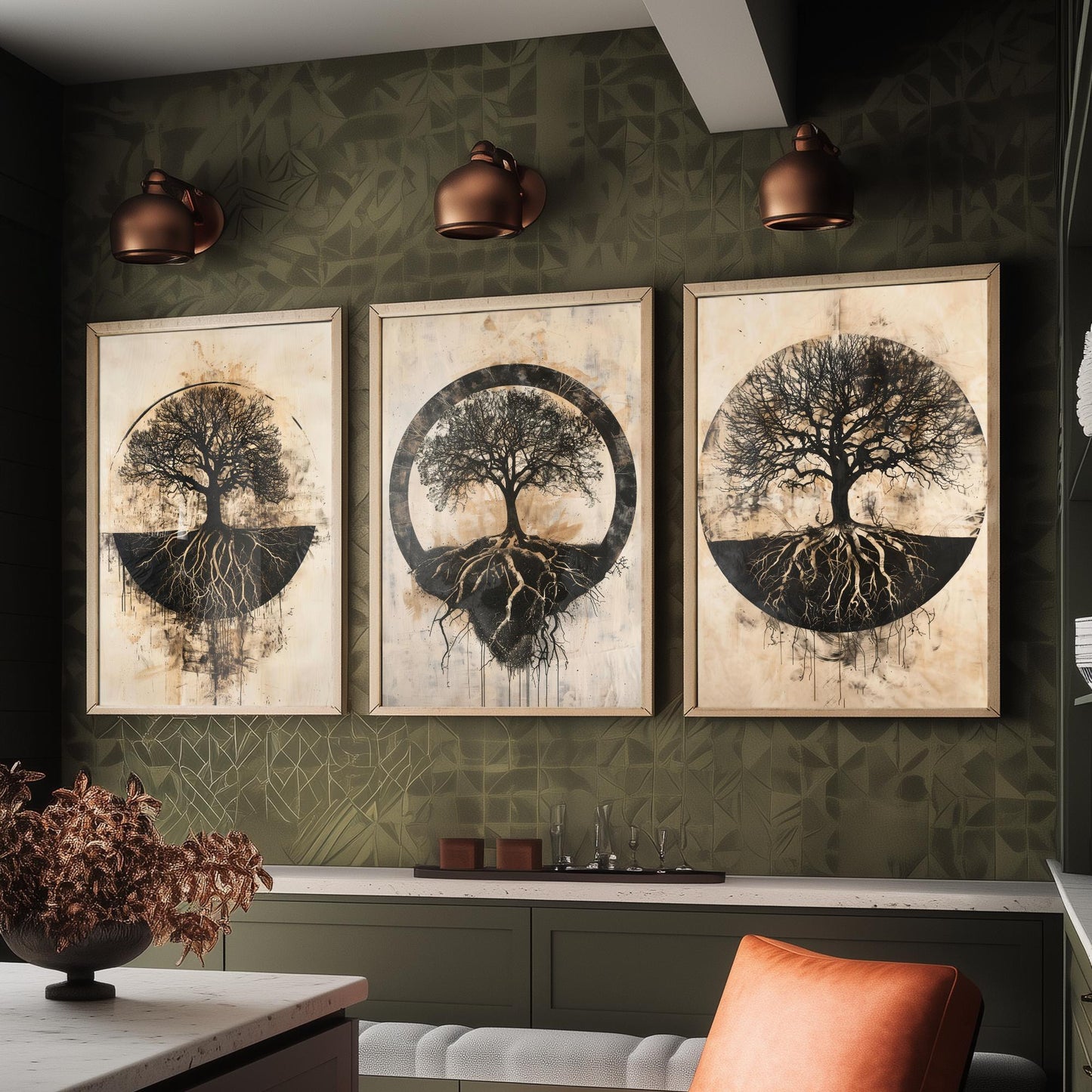 Sepia Silhouette Tree and Roots Circle Set of Three Art Prints Poster Illustration