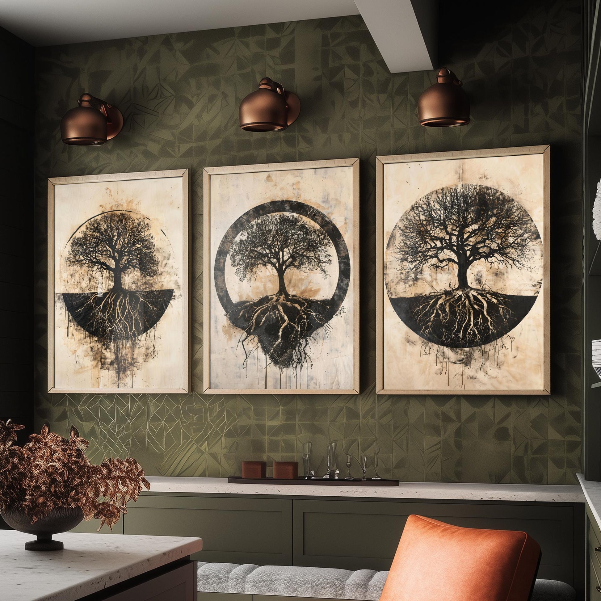 Sepia Silhouette Tree and Roots Circle Set of Three Art Prints Poster Illustration
