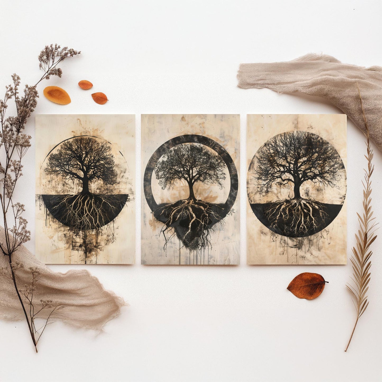 Sepia Silhouette Tree and Roots Circle Set of Three Art Prints Poster Illustration