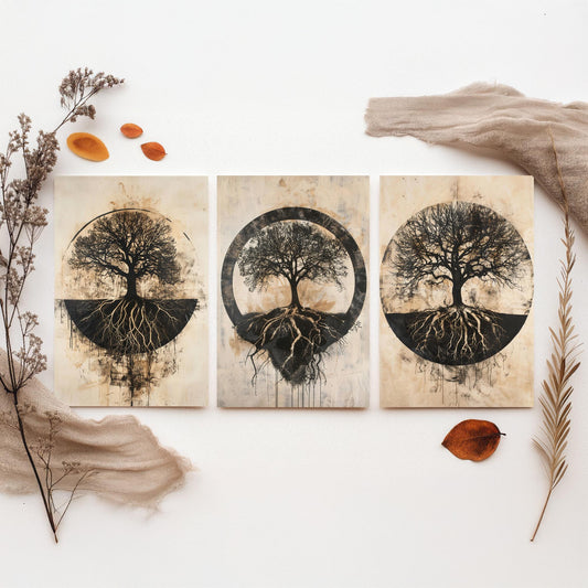 Sepia Silhouette Tree and Roots Circle Set of Three Art Prints Poster Illustration