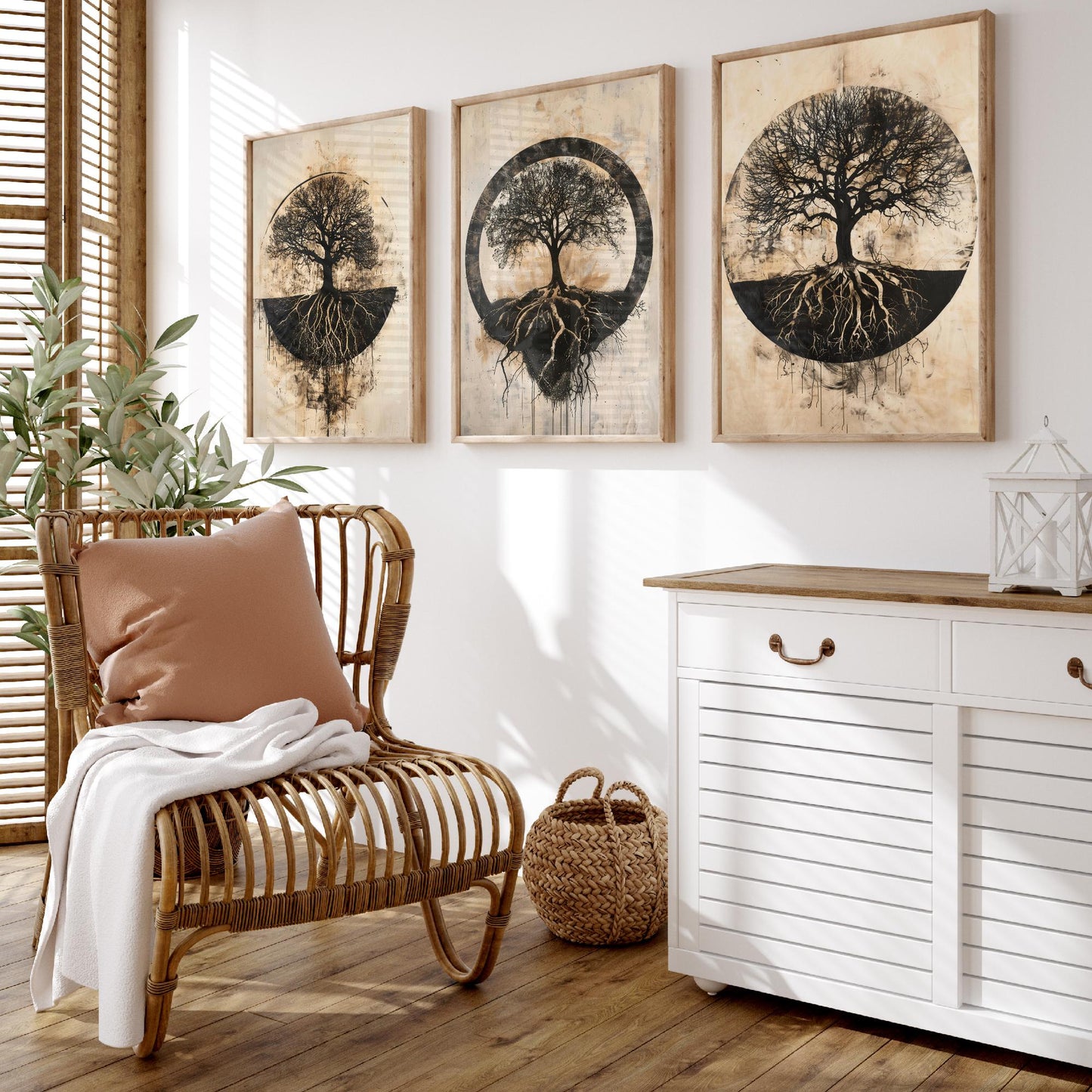 Sepia Silhouette Tree and Roots Circle Set of Three Art Prints Poster Illustration