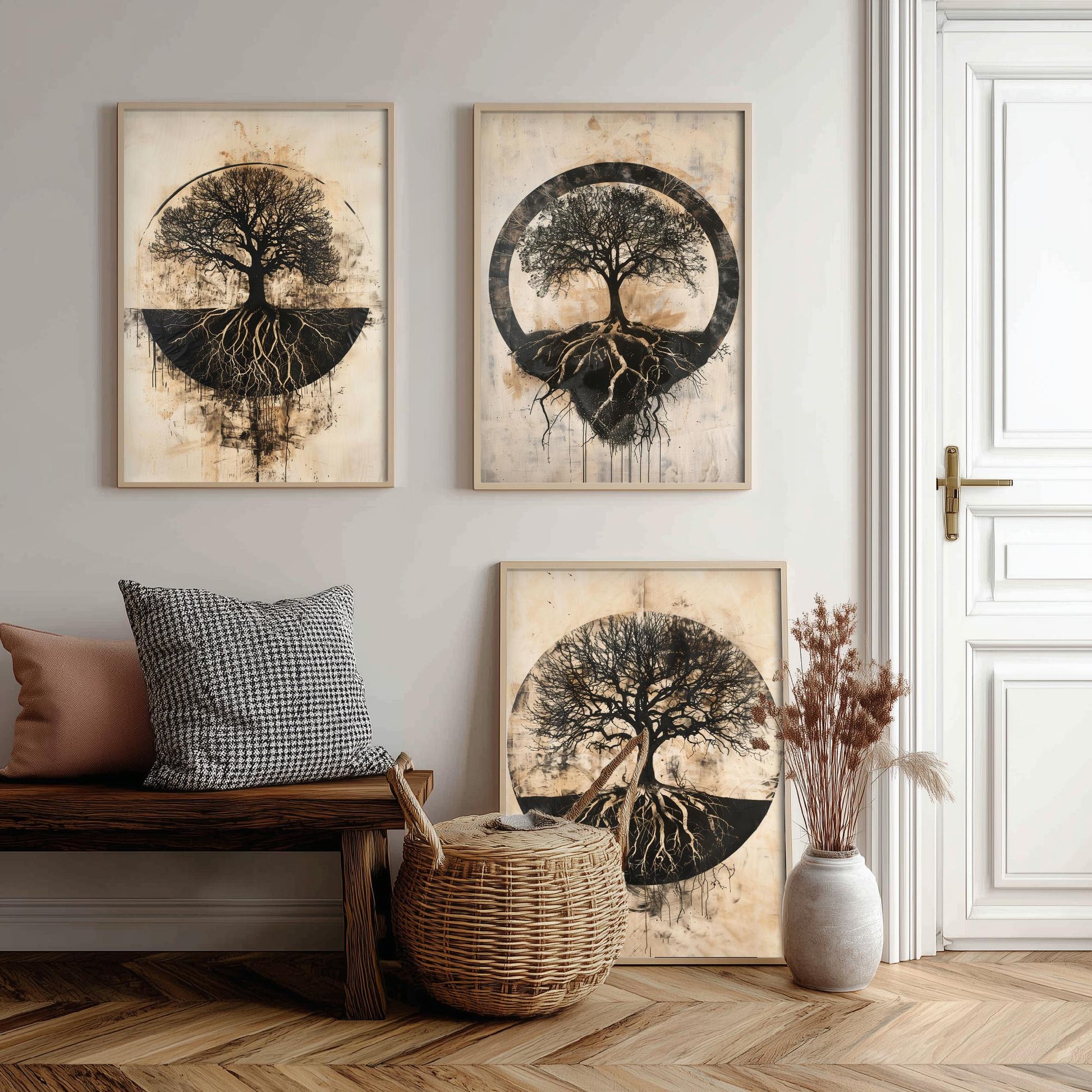 Sepia Silhouette Tree and Roots Circle Set of Three Art Prints Poster Illustration