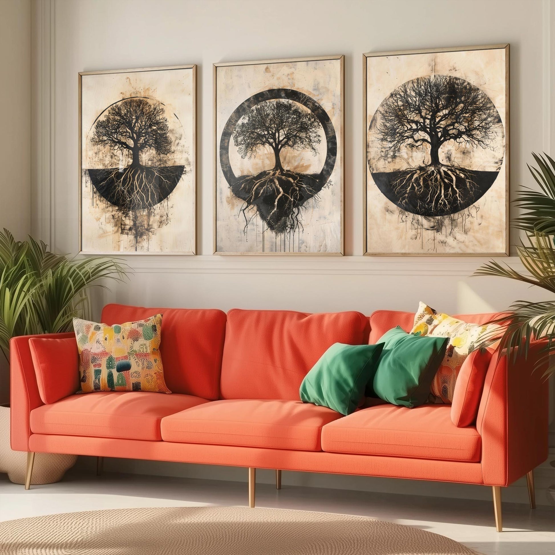 Sepia Silhouette Tree and Roots Circle Set of Three Art Prints Poster Illustration
