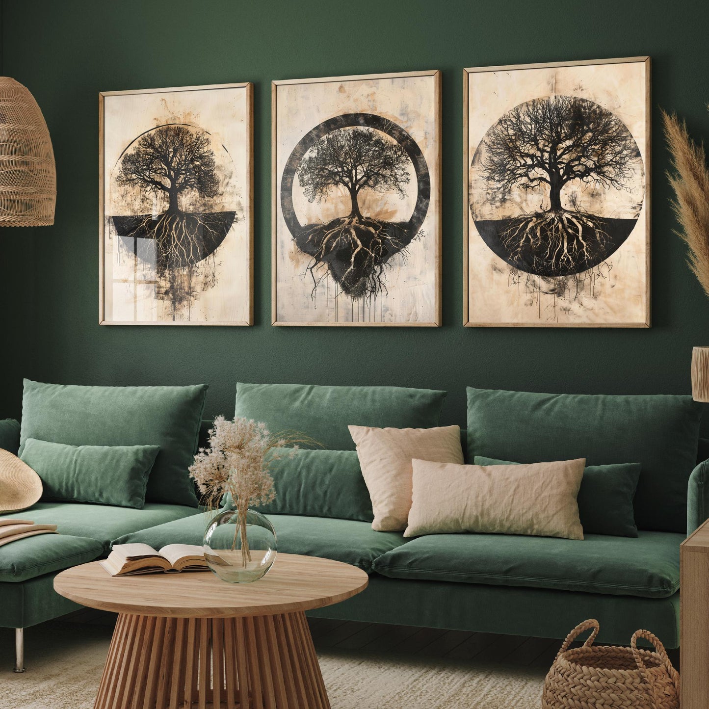Sepia Silhouette Tree and Roots Circle Set of Three Art Prints Poster Illustration