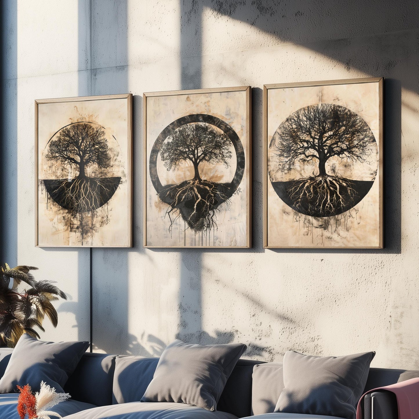 Sepia Silhouette Tree and Roots Circle Set of Three Art Prints Poster Illustration