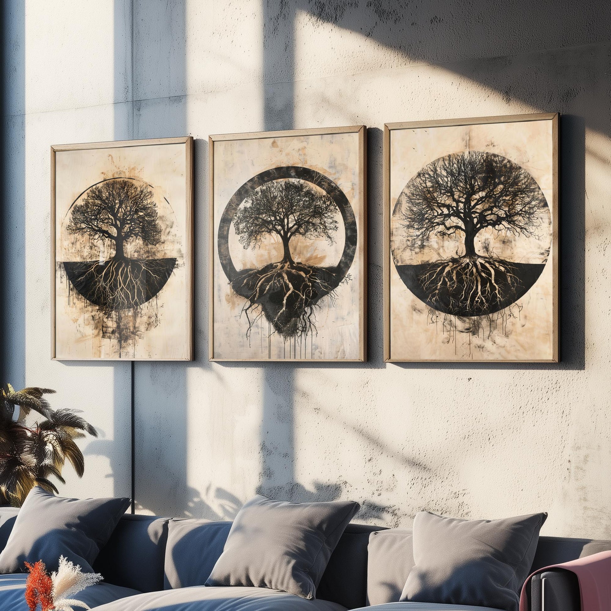 Sepia Silhouette Tree and Roots Circle Set of Three Art Prints Poster Illustration