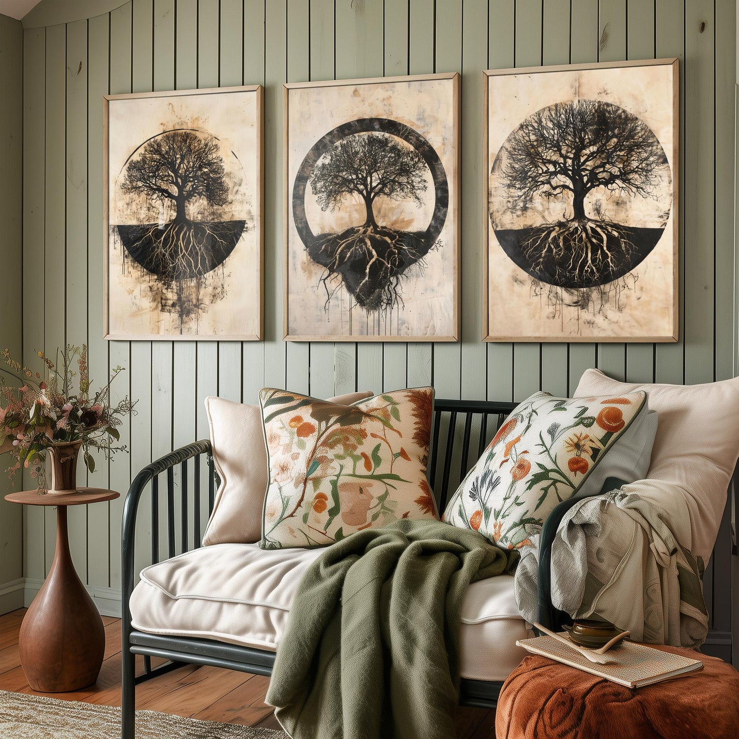 Sepia Silhouette Tree and Roots Circle Set of Three Art Prints Poster Illustration