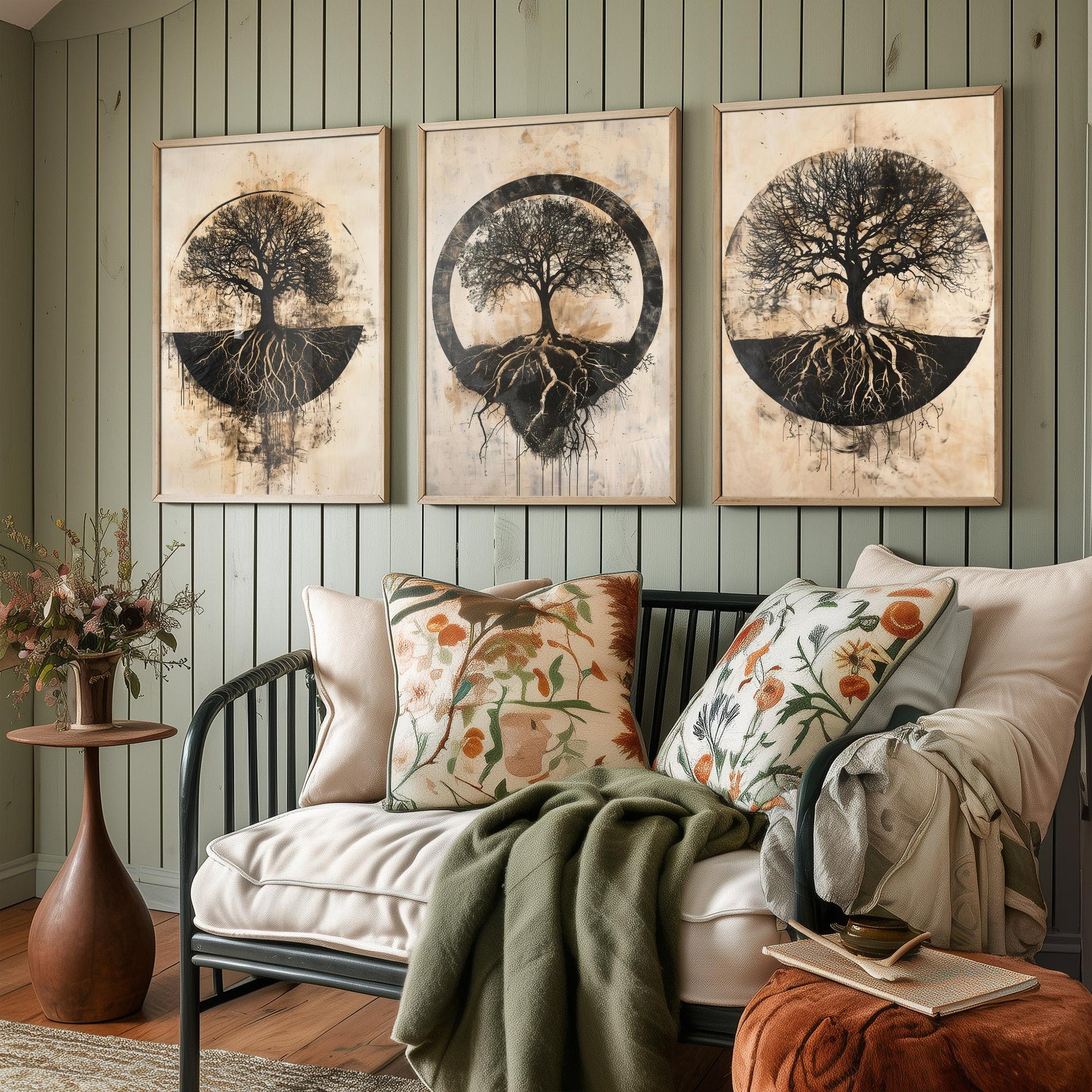 Sepia Silhouette Tree and Roots Circle Set of Three Art Prints Poster Illustration