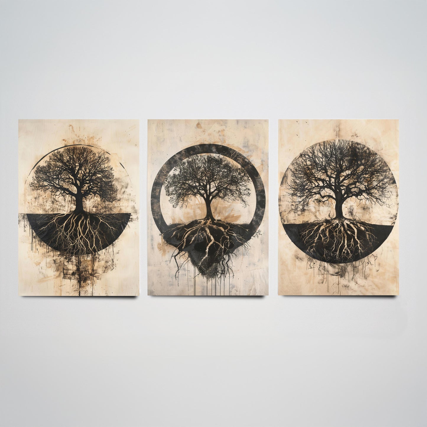 Sepia Silhouette Tree and Roots Circle Set of Three Art Prints Poster Illustration