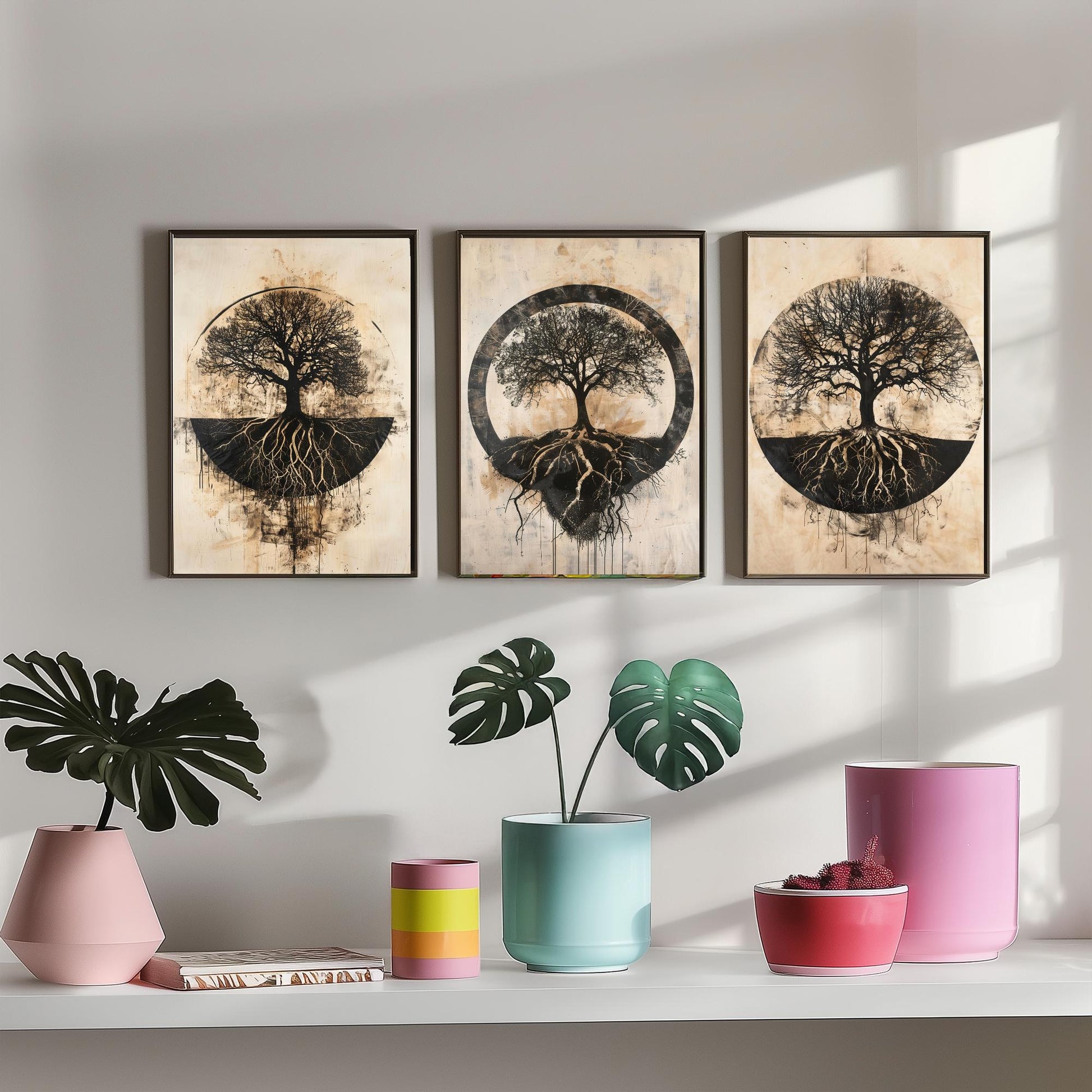 Sepia Silhouette Tree and Roots Circle Set of Three Art Prints Poster Illustration