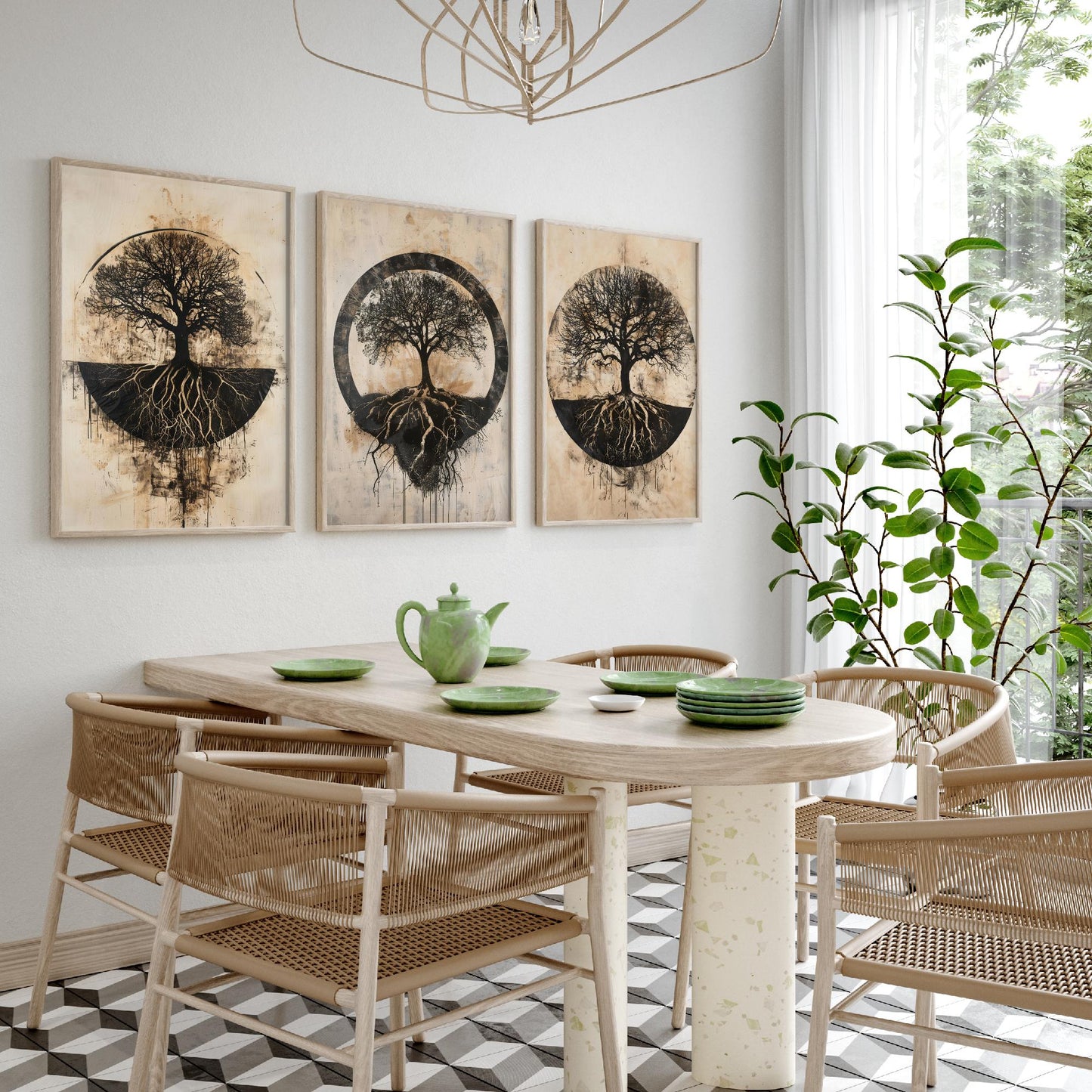 Sepia Silhouette Tree and Roots Circle Set of Three Art Prints Poster Illustration