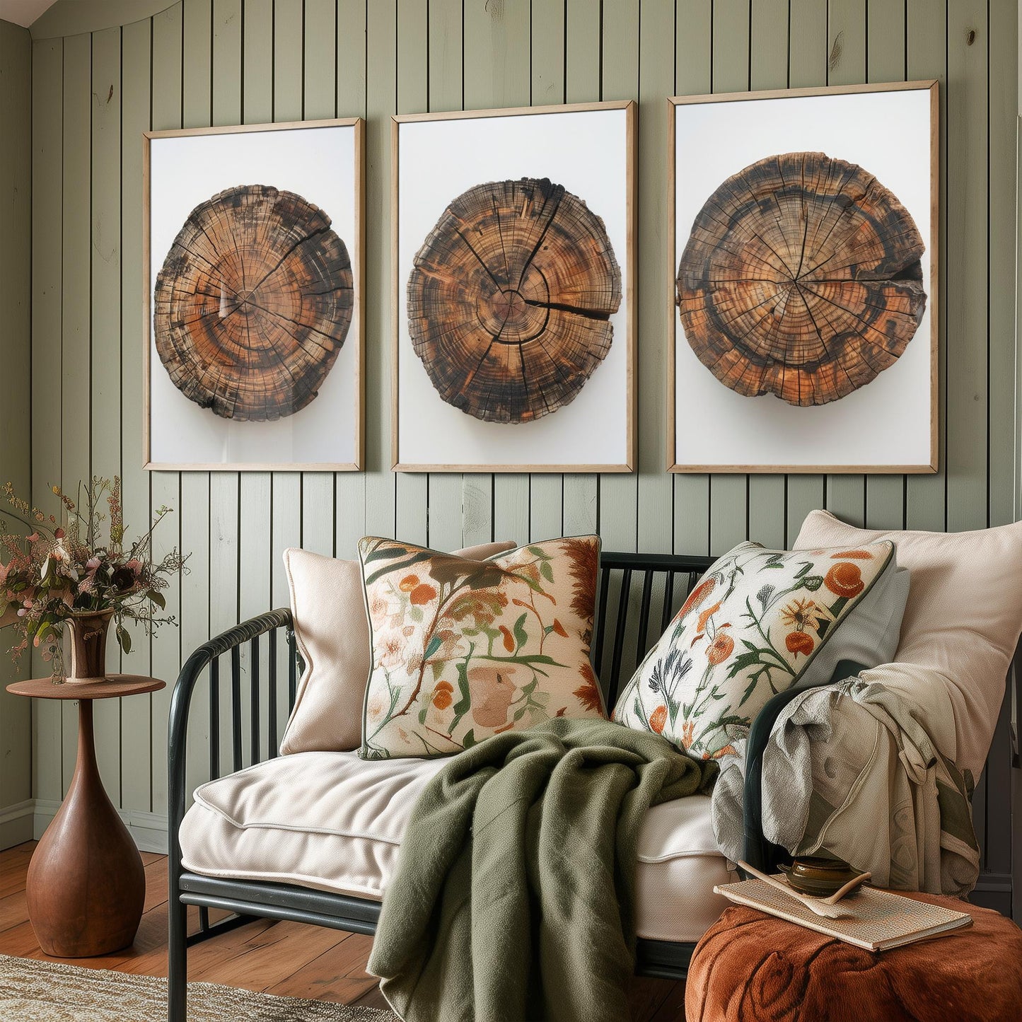 Autumn Orange Tree Stump Wood Ring Set of Three Art Prints Poster Painting Decor