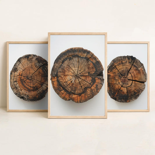 Autumn Orange Tree Stump Wood Ring Set of Three Art Prints Poster Painting Decor