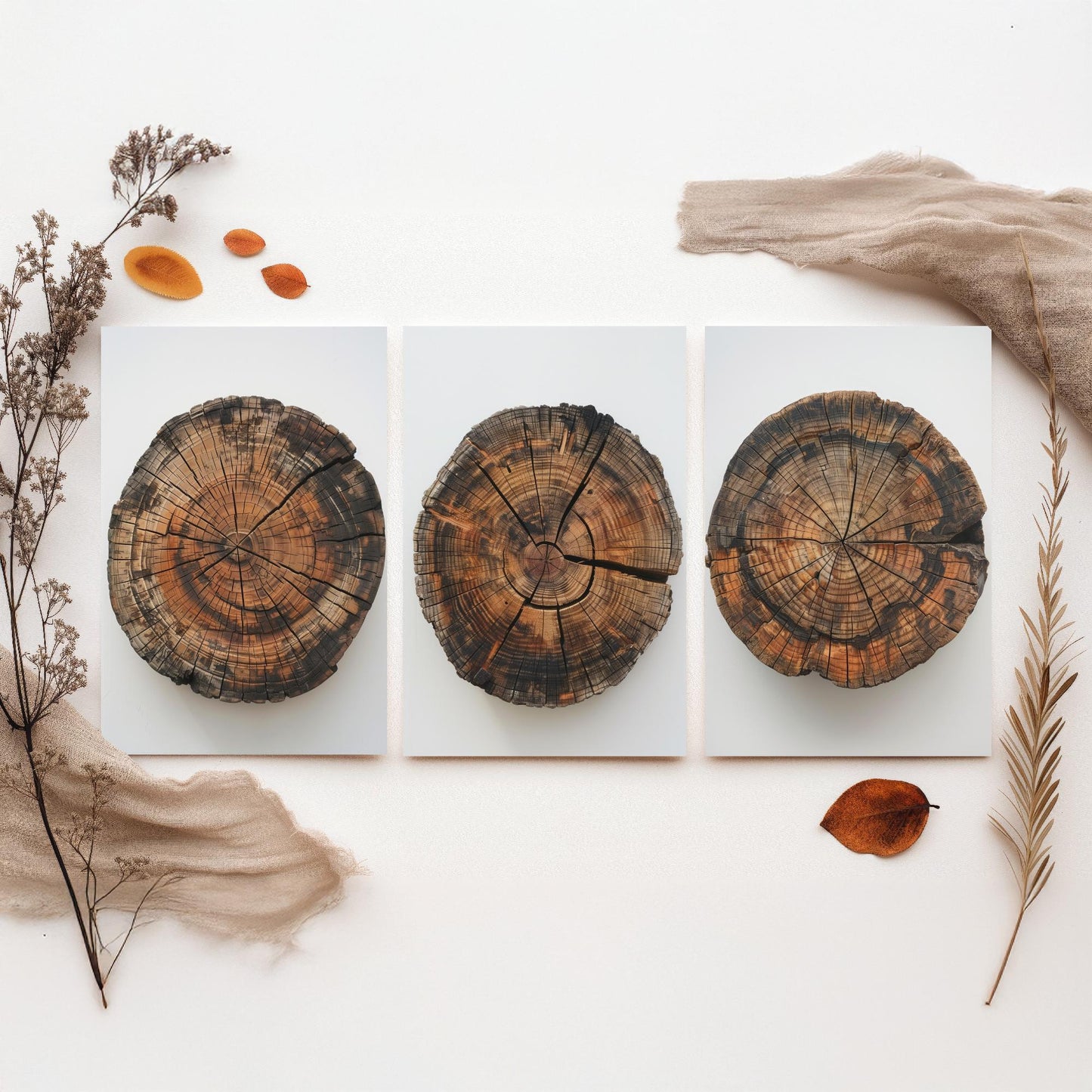 Autumn Orange Tree Stump Wood Ring Set of Three Art Prints Poster Painting Decor