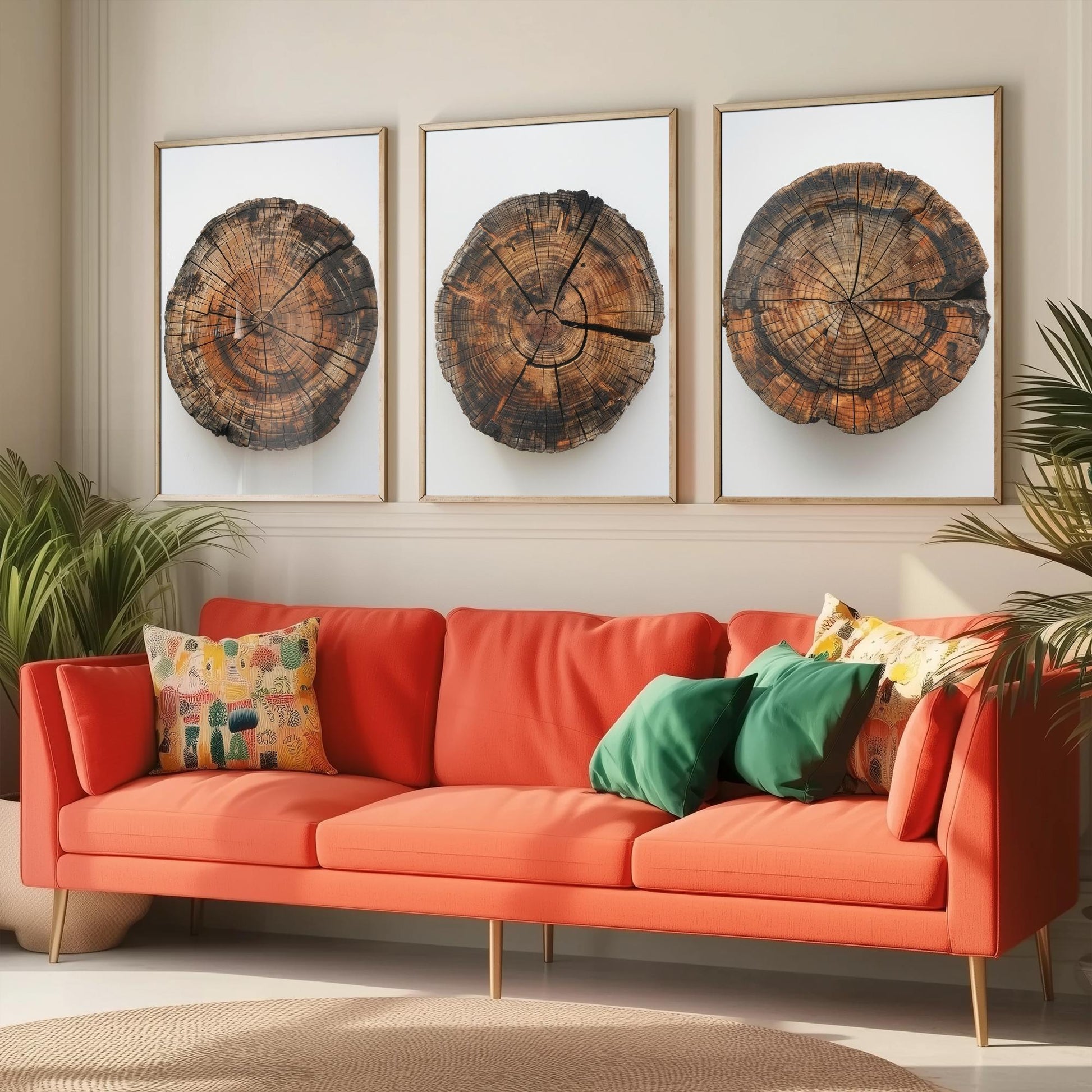 Autumn Orange Tree Stump Wood Ring Set of Three Art Prints Poster Painting Decor