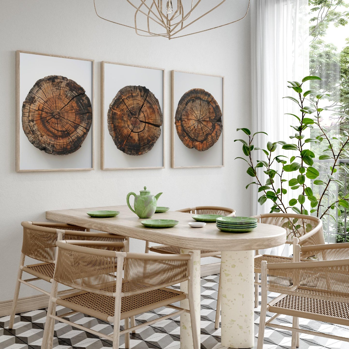 Autumn Orange Tree Stump Wood Ring Set of Three Art Prints Poster Painting Decor