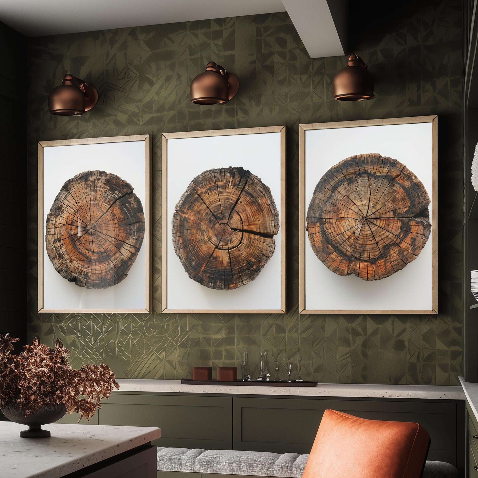 Autumn Orange Tree Stump Wood Ring Set of Three Art Prints Poster Painting Decor