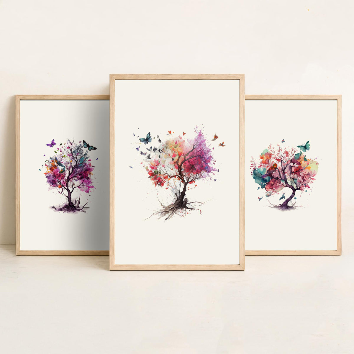 Trees and Butterflies Watercolour Set of Three Art Prints - Pink, Purple and Coral Blossom Trees - Boho Floral Poster