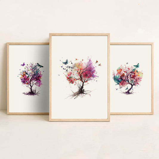Trees and Butterflies Watercolour Set of Three Art Prints - Pink, Purple and Coral Blossom Trees - Boho Floral Poster