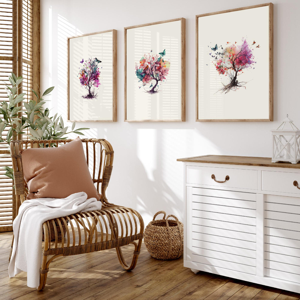 Trees and Butterflies Watercolour Set of Three Art Prints - Pink, Purple and Coral Blossom Trees - Boho Floral Poster