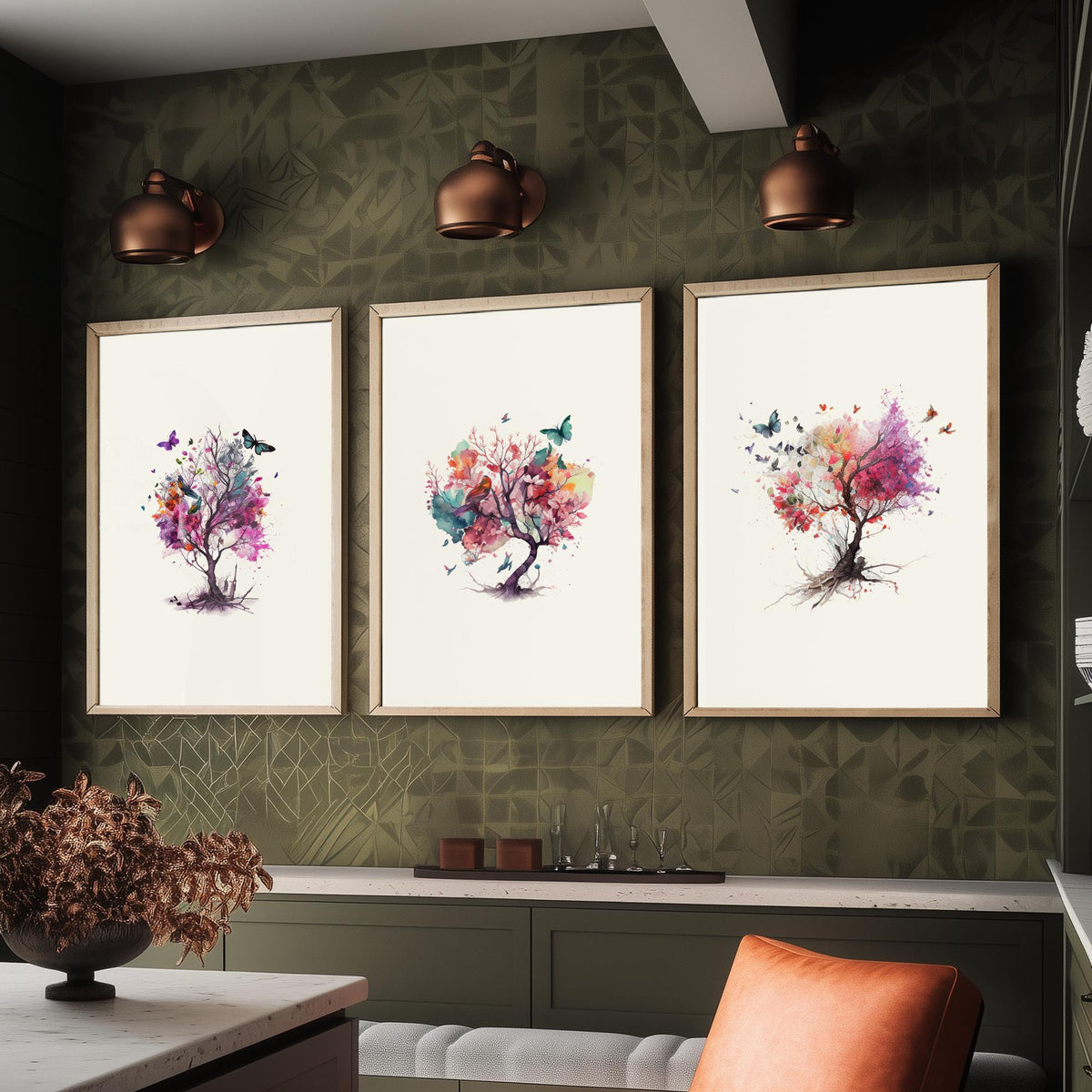 Trees and Butterflies Watercolour Set of Three Art Prints - Pink, Purple and Coral Blossom Trees - Boho Floral Poster