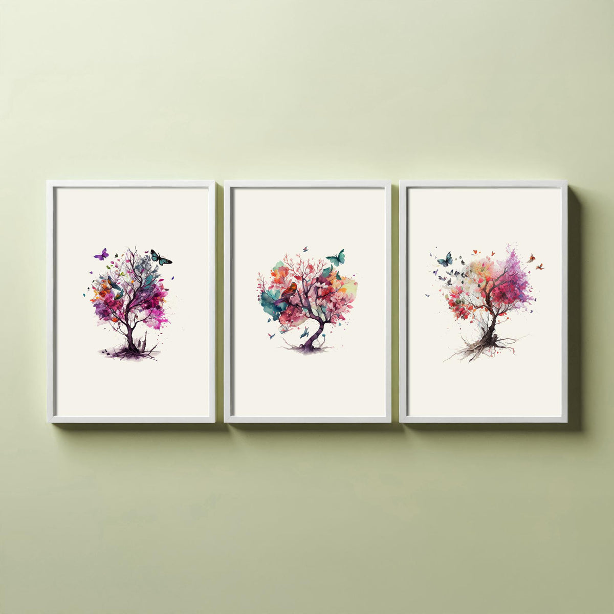 Trees and Butterflies Watercolour Set of Three Art Prints - Pink, Purple and Coral Blossom Trees - Boho Floral Poster