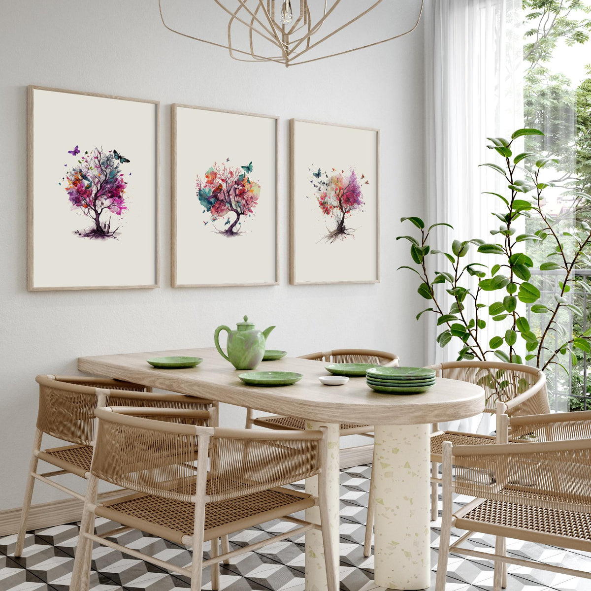 Trees and Butterflies Watercolour Set of Three Art Prints - Pink, Purple and Coral Blossom Trees - Boho Floral Poster