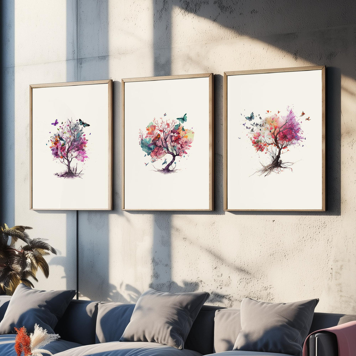 Trees and Butterflies Watercolour Set of Three Art Prints - Pink, Purple and Coral Blossom Trees - Boho Floral Poster