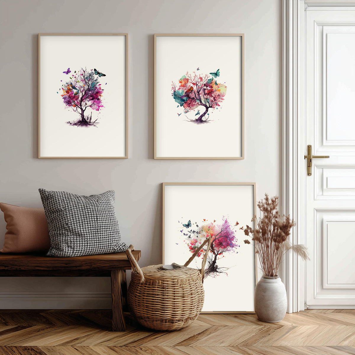 Trees and Butterflies Watercolour Set of Three Art Prints - Pink, Purple and Coral Blossom Trees - Boho Floral Poster