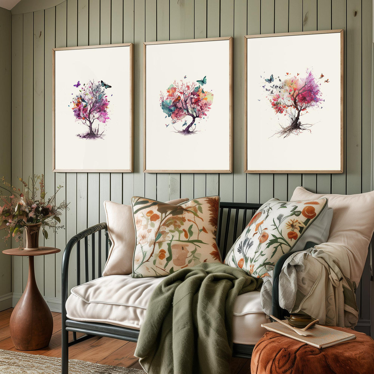 Trees and Butterflies Watercolour Set of Three Art Prints - Pink, Purple and Coral Blossom Trees - Boho Floral Poster