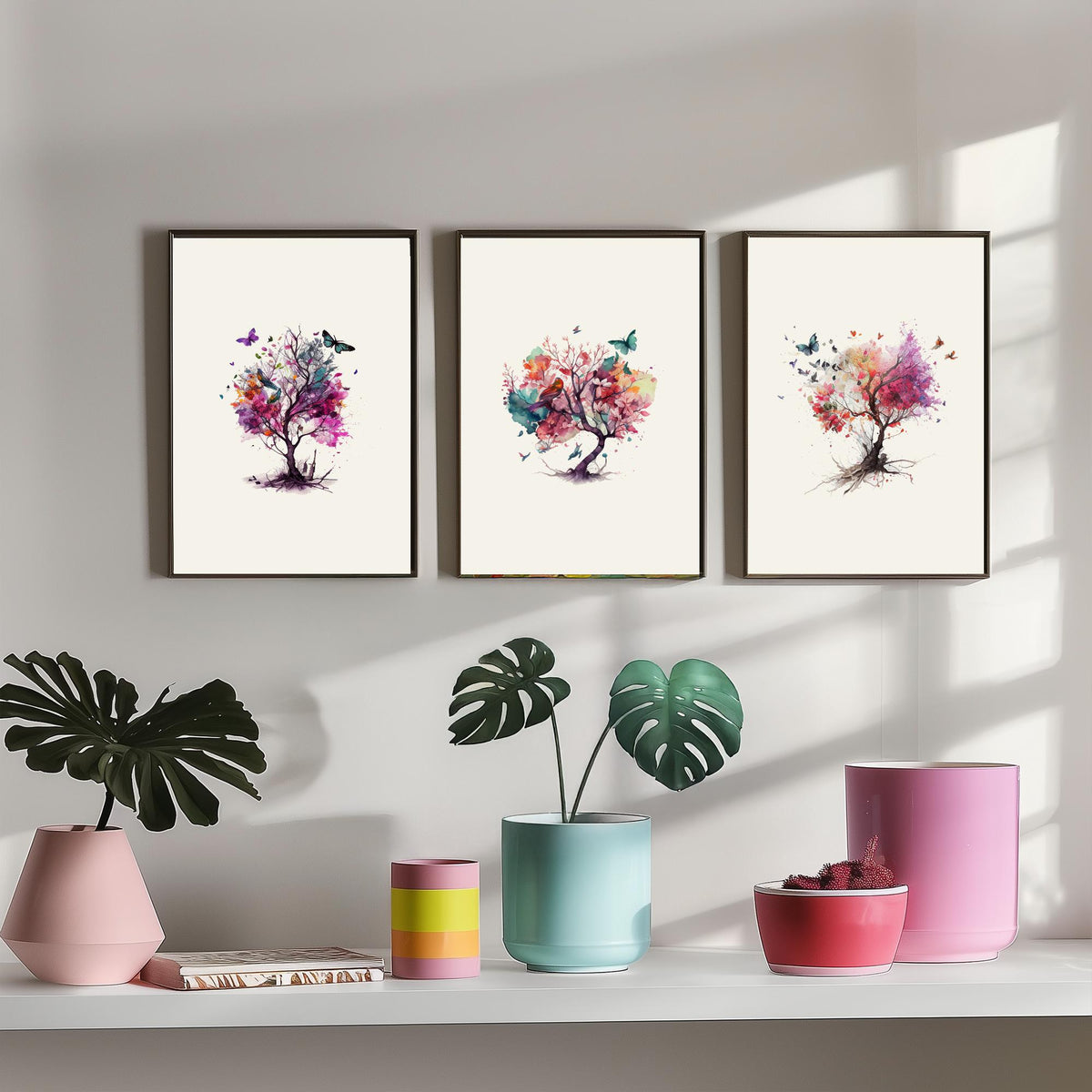 Trees and Butterflies Watercolour Set of Three Art Prints - Pink, Purple and Coral Blossom Trees - Boho Floral Poster