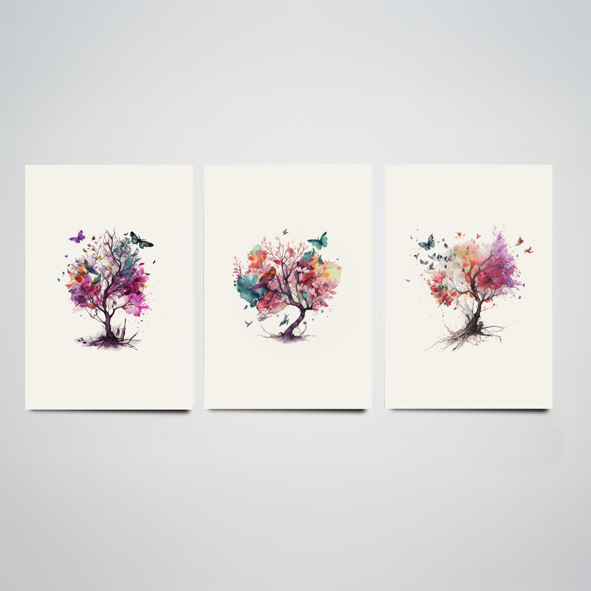 Trees and Butterflies Watercolour Set of Three Art Prints - Pink, Purple and Coral Blossom Trees - Boho Floral Poster