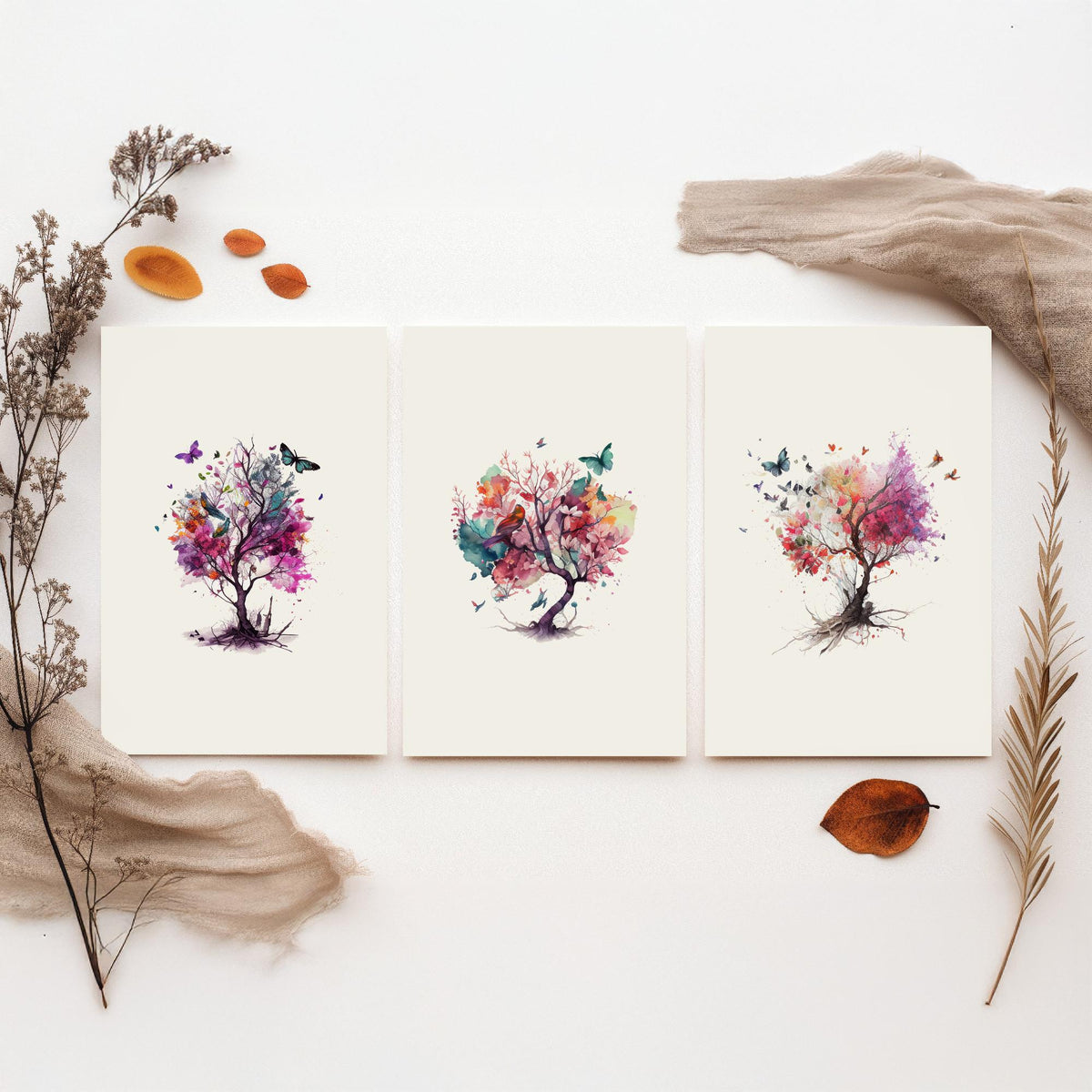 Trees and Butterflies Watercolour Set of Three Art Prints - Pink, Purple and Coral Blossom Trees - Boho Floral Poster