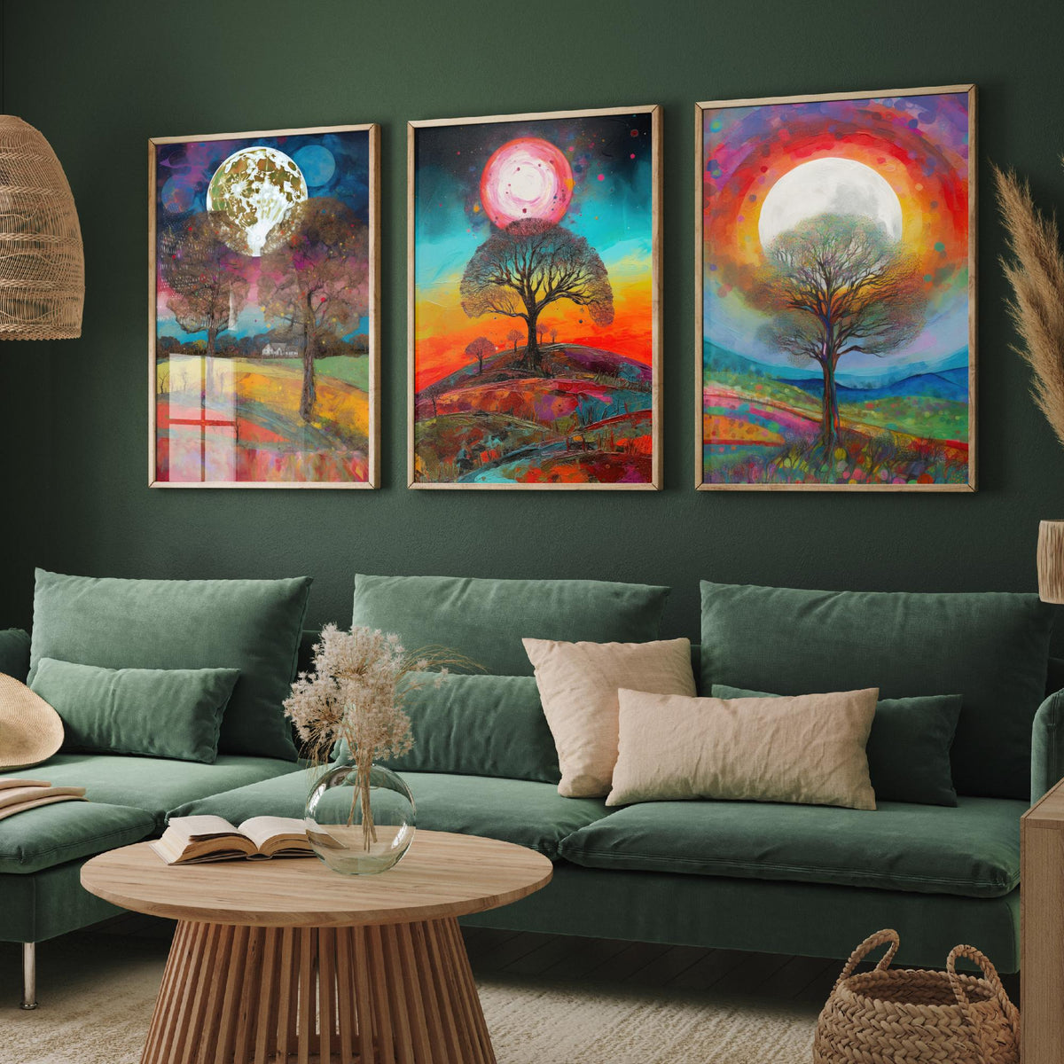 Full Moon Tree Set of Three Art Prints - Countryside Trees Under a Bright Moon - Colourful Rolling Hills Poster Illustration