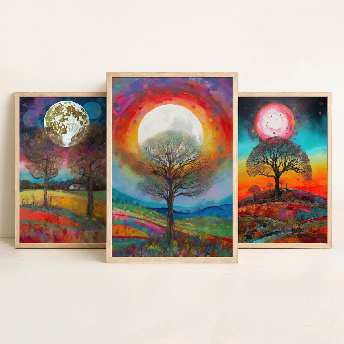 Full Moon Tree Set of Three Art Prints - Countryside Trees Under a Bright Moon - Colourful Rolling Hills Poster Illustration