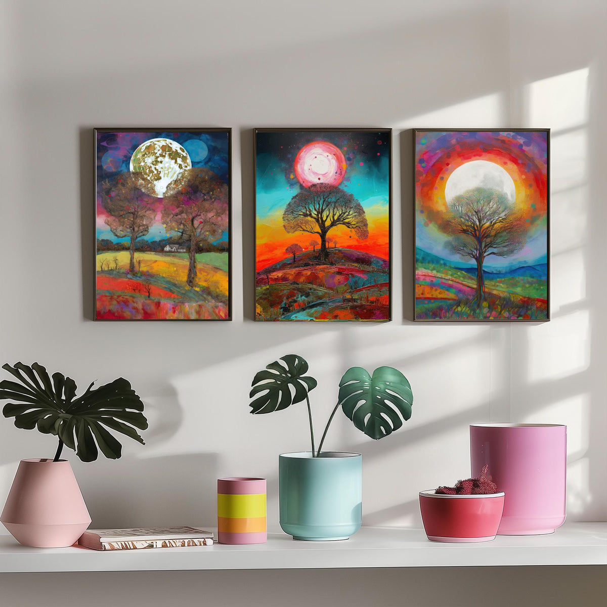 Full Moon Tree Set of Three Art Prints - Countryside Trees Under a Bright Moon - Colourful Rolling Hills Poster Illustration