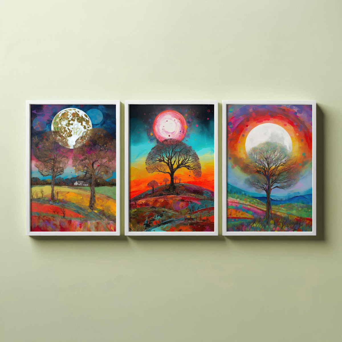 Full Moon Tree Set of Three Art Prints - Countryside Trees Under a Bright Moon - Colourful Rolling Hills Poster Illustration