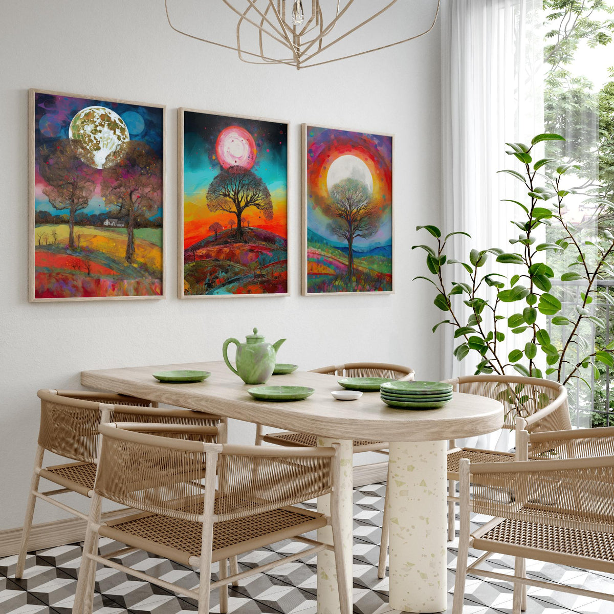 Full Moon Tree Set of Three Art Prints - Countryside Trees Under a Bright Moon - Colourful Rolling Hills Poster Illustration