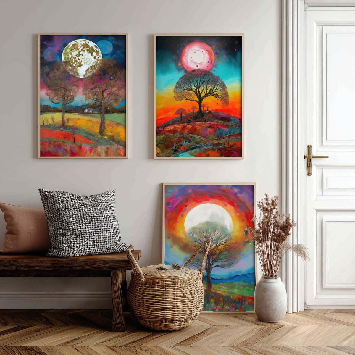 Full Moon Tree Set of Three Art Prints - Countryside Trees Under a Bright Moon - Colourful Rolling Hills Poster Illustration